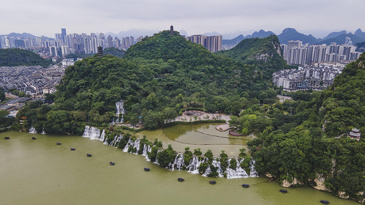 城市中午柳州柳江瀑布航拍风光景区无人机摄影图配图