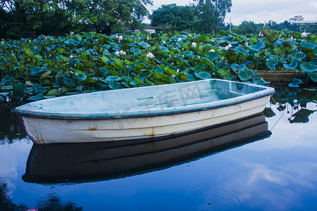 立夏小船摄影照片_白天户外一只船艇在荷花池停放摄影图配图