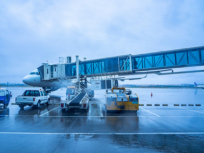 机场乘机摄影照片_飞机场雨天飞机登机梯机场上飞行前检修摄影图配图