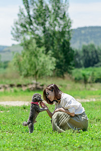 宠物世界白天人和小狗草地上互动摄影图配图