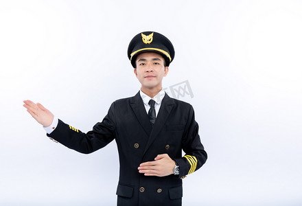 机场机长飞行员棚拍引导手势摄影图配图