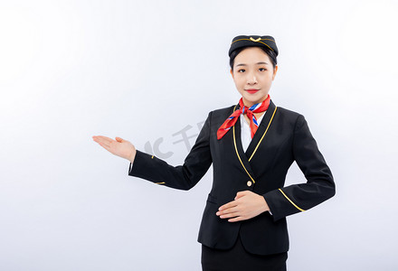 机场空姐乘务员棚拍引导手势动作摄影图配图