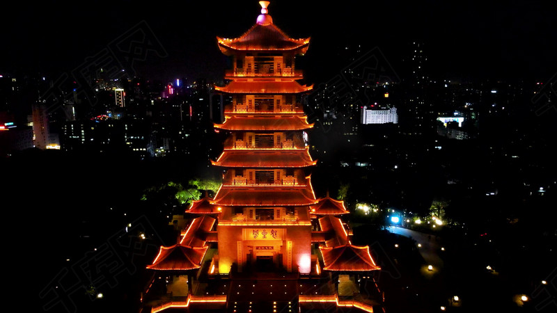 航拍佛山地标建筑魁星阁夜景