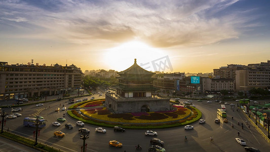 陕西行政图摄影照片_陕西西安地标旅游景点钟楼火烧云日落日转夜车水马龙