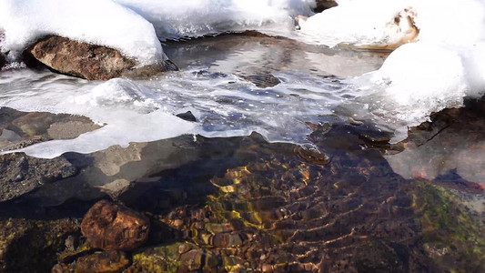 被水流冲洗的刷子摄影照片_冰雪融化水流涌动