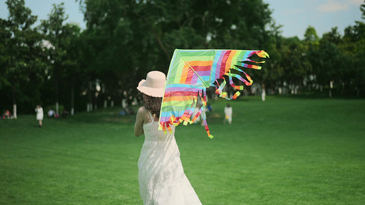 放风筝人物剪影摄影照片_夏天女生在草地上奔跑放风筝背影