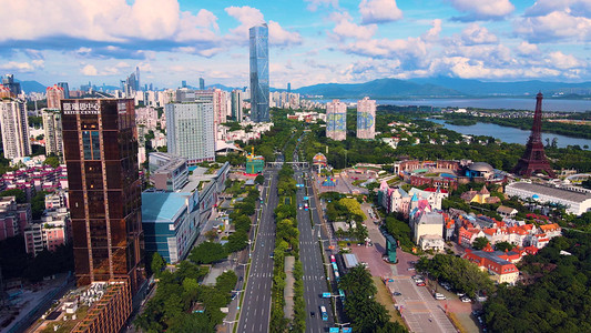 航拍深圳城市深南大道蓝天白云城市风景