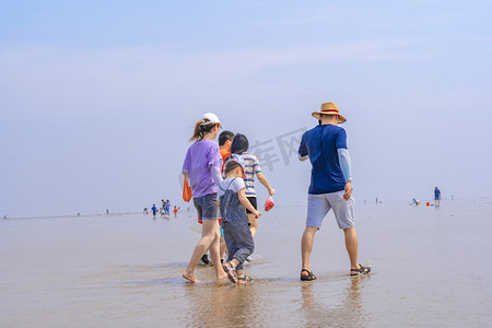 夏季的浅海滩拾贝游玩的人群摄影图配图