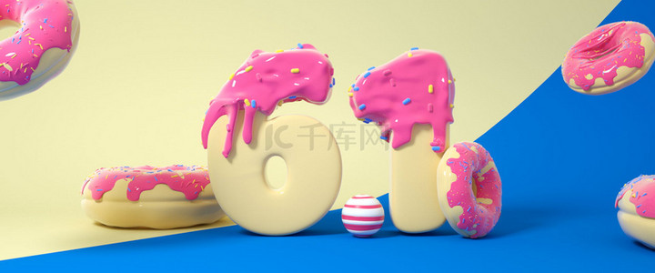 促销艺术字背景图片_C4D创意儿童节甜点背景
