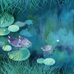 卡通夏天池塘背景图片_绿色夏日荷花塘避暑池塘背景