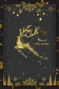 雪花麋鹿背景背景图片_金色金粉麋鹿圣诞节黑色背景