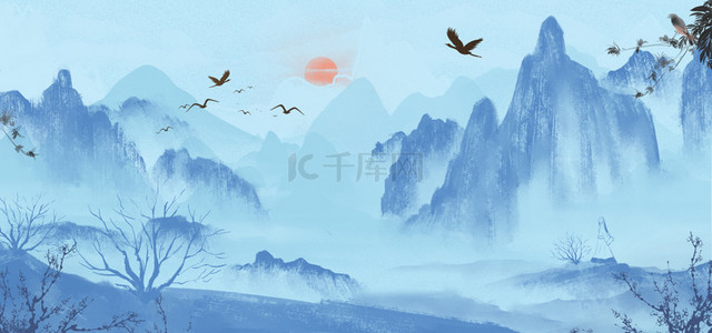 唯美意境古风背景图片_古风山水蓝色中国风唯美意境山水飞鸟