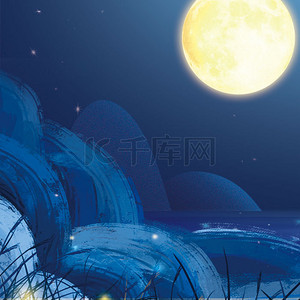 仲夏背景图片_小清新蓝色仲夏之夜站在湖边的少女背景