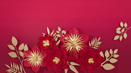 鼠年年货节背景图片_C4D玫瑰红新年鼠年年货节化妆品剪纸背景