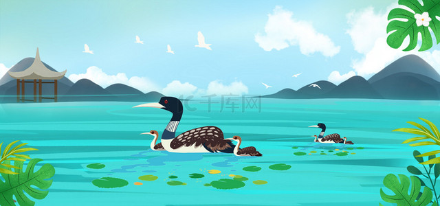 卡通中国风处暑动物水中游水banner图