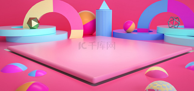 钻展背景图片_红色几何形状C4D立体场景电商海报