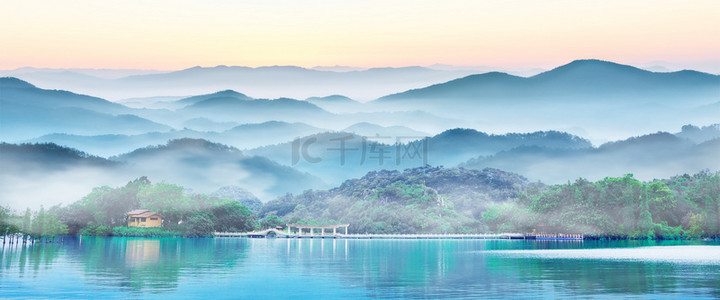 山水旅游背景图片_中式梦幻自然山水背景