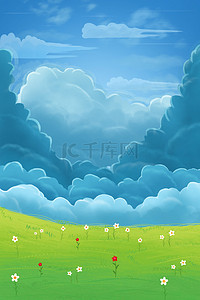 蓝天云朵花草花朵春季广告背景