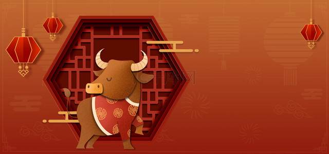 春节初一拜年背景图片_拜年牛红色中国风