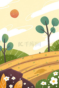 农村娃挑水的背景图片_卡通农村天地插画