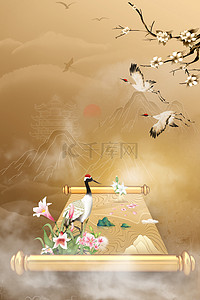 中国风工笔荷花背景图片_古风工笔花鸟卷轴仙鹤背景