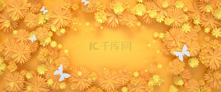 双12黄色背景图片_C4D创意剪纸花黄色促销背景