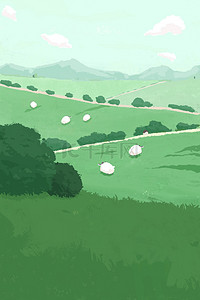 羊群白描背景图片_春季植物草地草丛羊群蓝天白云广告背景