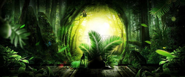 绿色梦幻背景背景图片_梦幻舞台原始森林