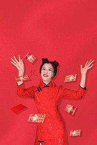 喜庆红色红包背景图片_新年红包美女喜庆过年背景
