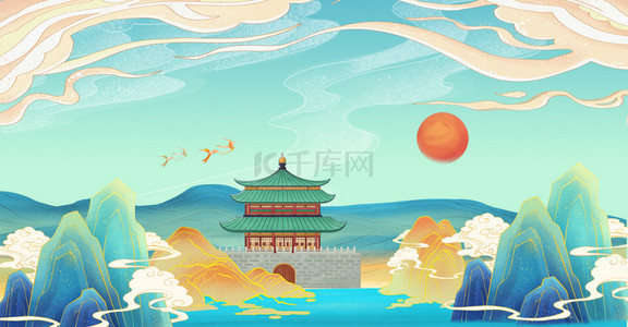 中国元素背景图片_国潮工笔画山水背景