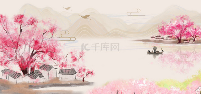 绿满村庄背景图片_春季山水村庄粉色中国风背景