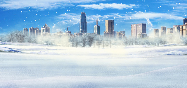 库原创背景图片_冬季雪地城市唯美背景