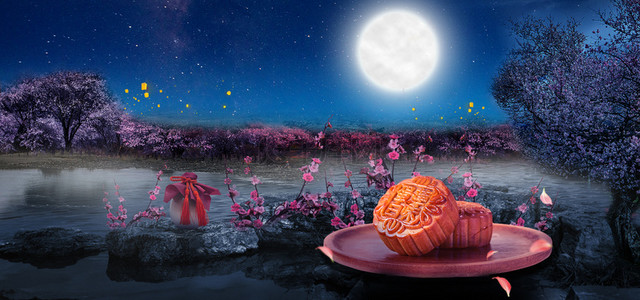 中月饼背景图片_中国风桃树林河边月饼