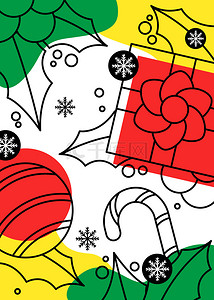 圣诞线稿背景图片_美丽冬青礼盒彩球圣诞线稿色块背景