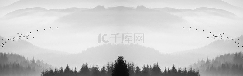 山水树鸟背景图片_中国风山水小鸟黑白简约banner