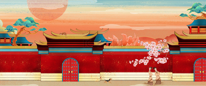 北京古建筑线条背景图片_工笔画建筑国潮背景