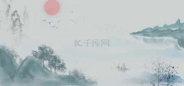 中国元素背景图片_古风山水落日树木古色背景