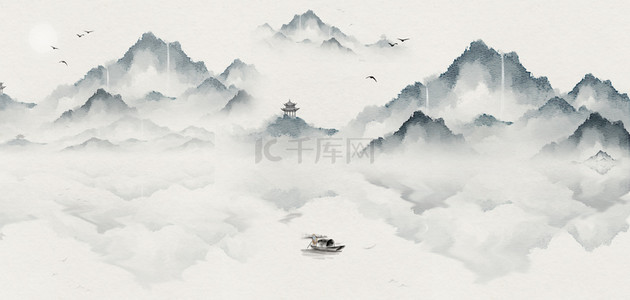 中国风水墨古风山水横版背景