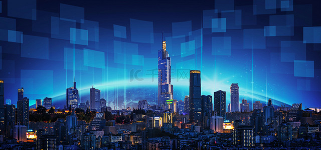 高清天空背景背景图片_蓝色高清科技城市背景