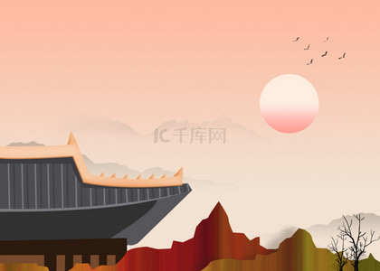 红色山脉背景图片_红色和棕色山脉建筑韩国传统背景