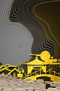 金色山水装饰画背景图片_古建筑新中式中国风装饰画