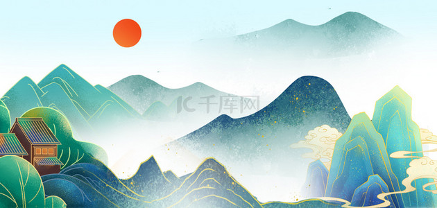 蓝色远山背景背景图片_古风山水山水蓝色中国风背景