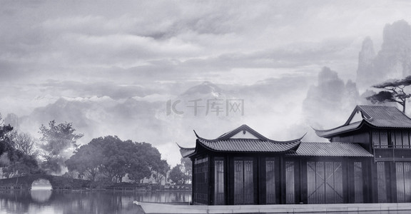 大气中式背景图片_水墨中式古代建筑背景合成