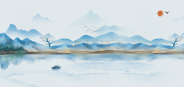 水古风山水背景图片_中国风山水蓝色古风banner