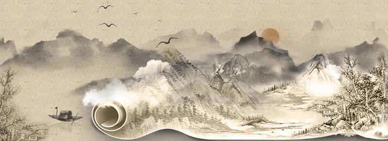 东方古典背景图片_中国风水墨山水卷轴背景