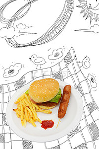 手绘汉堡背景图片_美食食物汉堡简笔画创意手绘清新简约