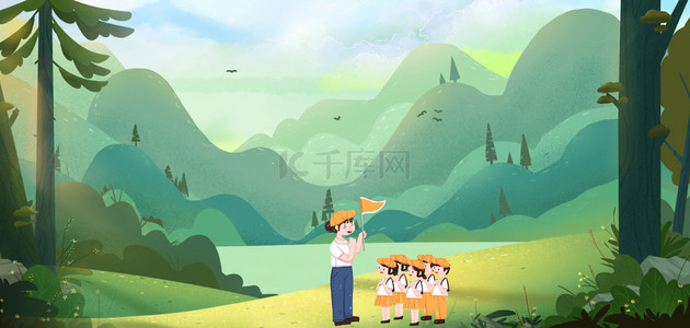 夏令营树林儿童绿色插画背景