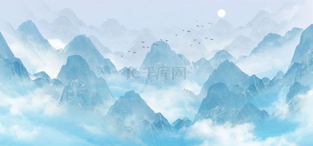 中国唯美风背景图片_古风山脉山水蓝色中式唯美大气