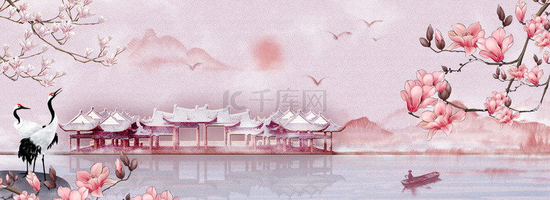 水粉色背景背景图片_粉色春天廊桥山水背景