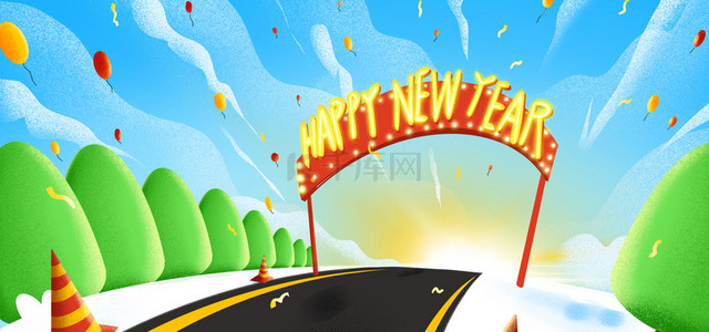 卡通新年扁平云层跑道气球电商背景